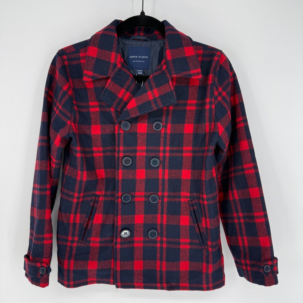 JANIE & JACK PLAID PEACOAT NAVY RED WOOL BLEND NWT 10/12 HOLIDAY CHRISTMAS FALL